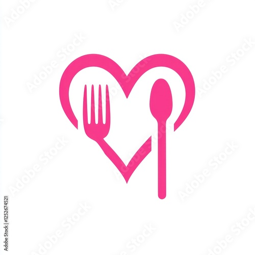 Pink Heart with Fork and Spoon, Culinary Icon, Food Love, Restaurant Logo photo