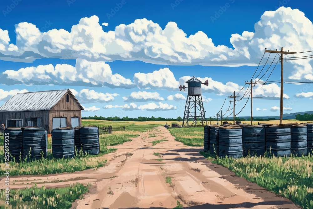 Tranquil Rural Landscape with Old Barn and Windmill Under Blue Sky Tranquil Rural Landscape with Old Barn and Windmill Under Blue Sky