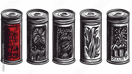 Cans with Botanical Illustr...