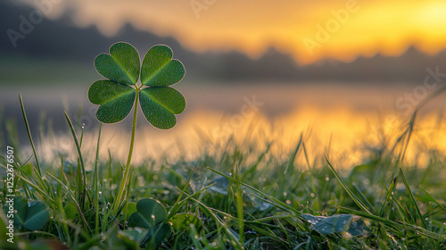 Four-leaf clover at sunrise by a lake, symbolizing good luck and new beginnings