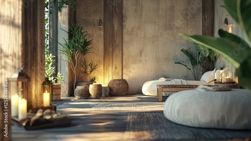 A calming spa retreat with rustic  natural elements for ultimate relaxation.