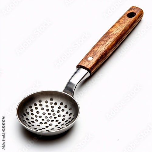 A perforated metal spoon with a wooden handle photo