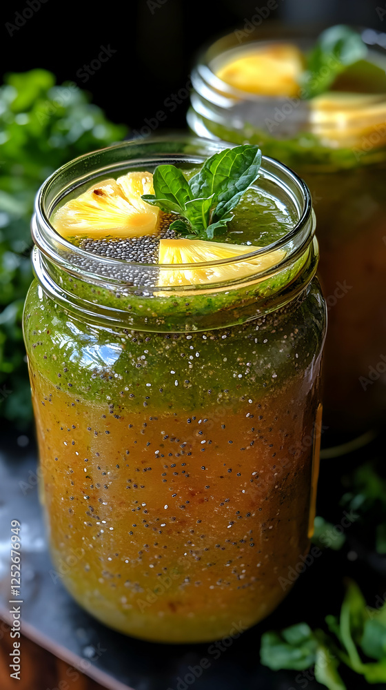 Layered Pineapple And Green Smoothie In Glass Jar Layered Pineapple And Green Smoothie In Glass Jar