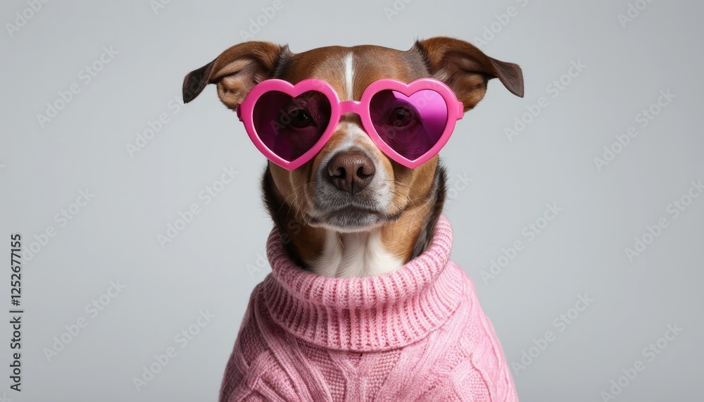 Fototapeta premium A cute dog wearing pink shape heart sunglasses, sweater with a funny expression in a studio setting, isolated solid background