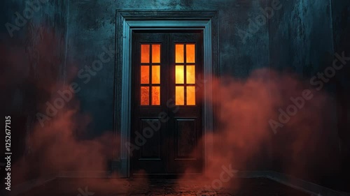An eerie door in an old house, mysterious fog and mist, an orange light coming from the window behind it, a scene of horror, something scary, and darkness.