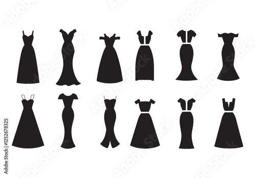 An illustration of wedding dress silhouettes for ladies with a central dividing line. Each dress has a unique style, including a flowing A-line, a glamorous princess, and a chic minimalist design