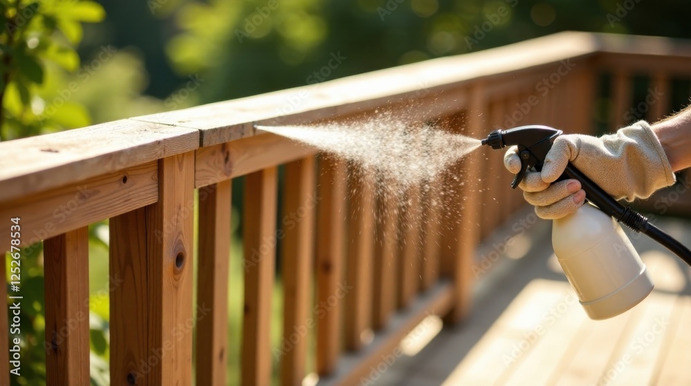Obraz premium Outdoor Wood Deck Maintenance A Person Carefully Applying Protective Coating Using a Spray Bottle