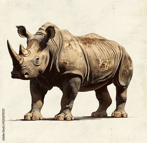 Vintage illustration of male rhinoceros, showcasing its full body with detailed textures and rustic background. This artwork captures majestic presence of rhino photo