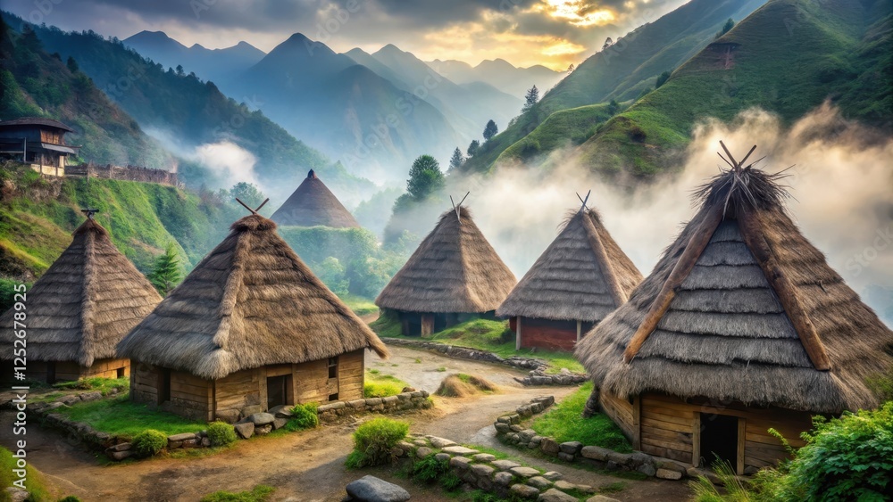 Serene Mountain Village at Dawn Traditional Dwellings nestled amongst rolling hills shrouded in mist, bathed in the golden light of sunrise. Serene Mountain Village at Dawn Traditional Dwellings nestled amongst rolling hills shrouded in mist, bathed in the golden light of sunrise.