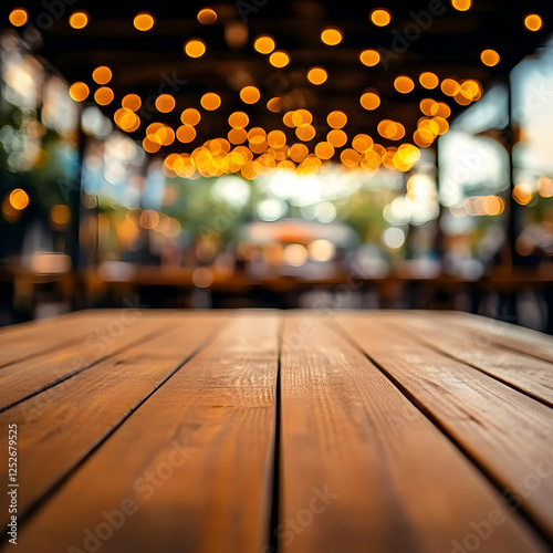 Wooden Table Blurred Lights...