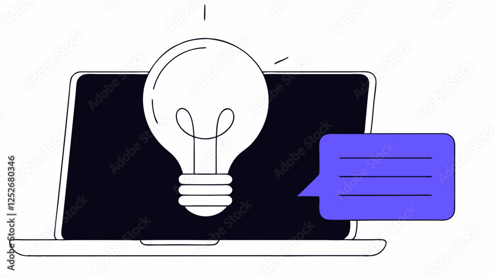A light bulb floats in front of a laptop screen, symbolizing innovation and ideas. A blue speech bubble with lines suggests communication or discussion.AI A light bulb floats in front of a laptop screen, symbolizing innovation and ideas. A blue speech bubble with lines suggests communication or discussion.AI