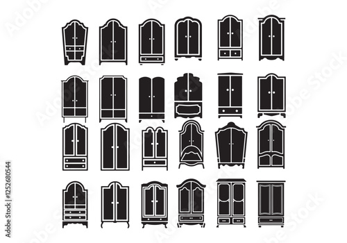 An illustration of different wardrobe designs in silhouette form, arranged symmetrically with a central dividing line. Each wardrobe features a distinct style, crafted in a bold, clean, and fresh 