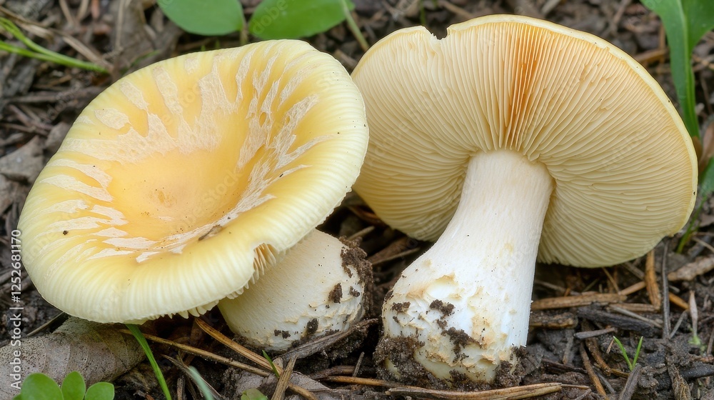 Yellow Mushroom Growing in Natural Forest Environment on Soil Yellow Mushroom Growing in Natural Forest Environment on Soil