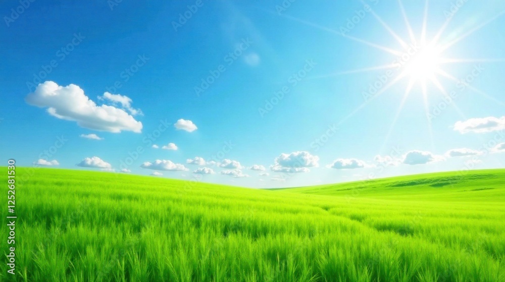 Serene Landscape Rolling Green Fields Under a Bright Sunny Sky with Fluffy White Clouds Serene Landscape Rolling Green Fields Under a Bright Sunny Sky with Fluffy White Clouds