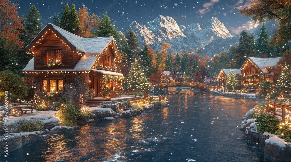 Naklejka premium Enchanted Christmas Village nestled in a snowy mountain valley