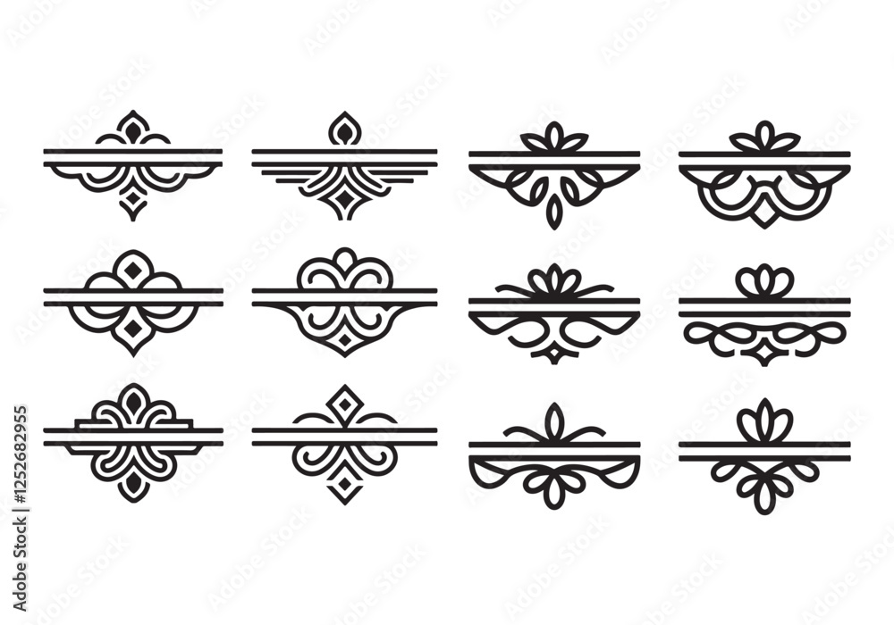 An illustration of elegant ornament borders, each crafted with a bold and clean silhouette aesthetic. A central line runs through each design, ensuring balance and symmetry.