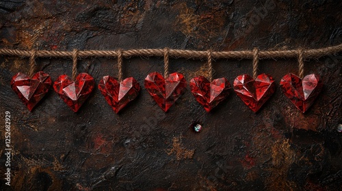 Red Geometric Hearts Hanging On String Dark BackgroundWith Decorations. This design can be used for photo