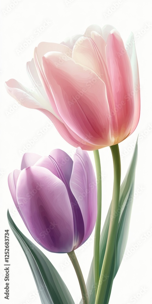 Two pastel tulips, stem, leaves, white background, greeting card