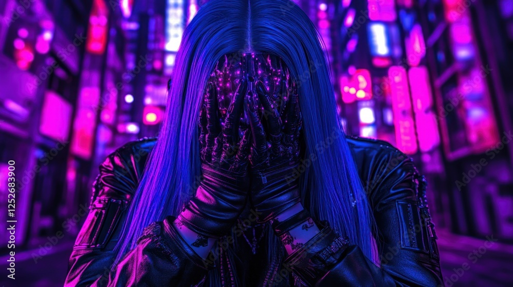 Fototapeta premium Cybergoth hides face, neon city backdrop, digital art, album cover