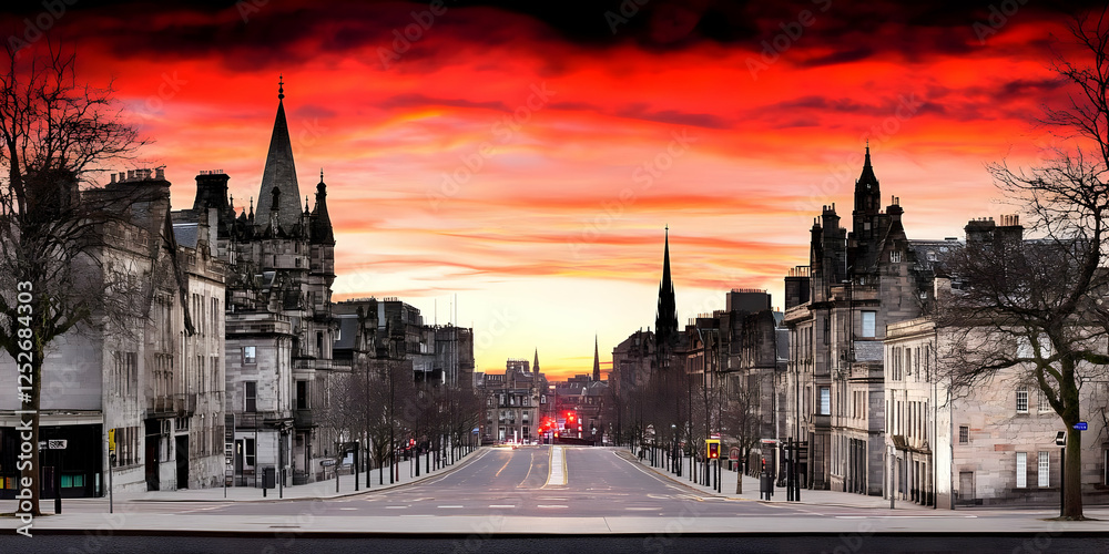 Fototapeta premium Fiery Sunset Cityscape Illustration
