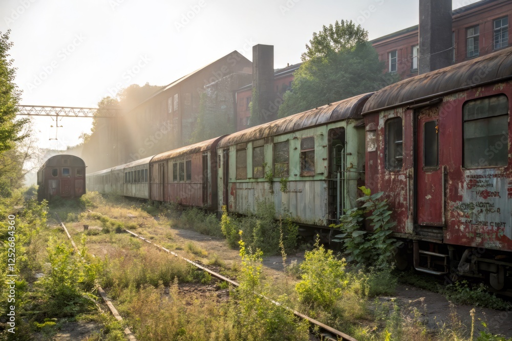 Obraz premium Abandoned Train Convoy Rusts in Urban Decay: Post-Apocalyptic Photography