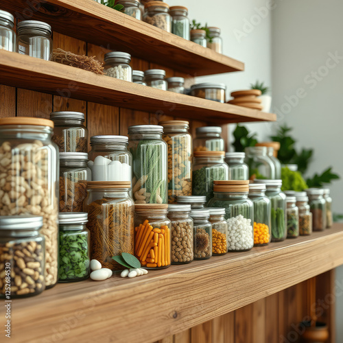 Herbal supplements and natural remedies on display in glass jars, organic, traditional medicine