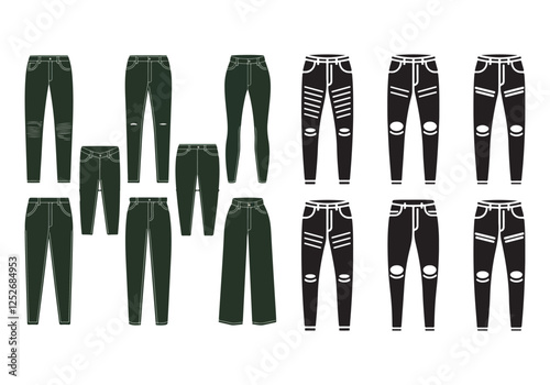 An illustration of distinct men's jeans silhouettes, arranged symmetrically with a central dividing line. There's a ripped jeans silhouette on the left, a straight-leg jeans silhouette in the middle, 