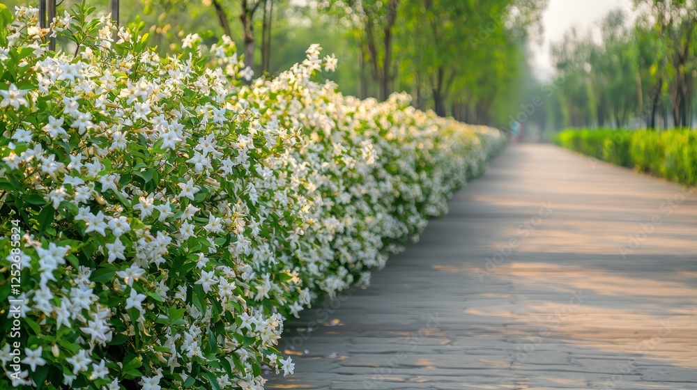 Fototapeta premium A pathway lined with jasmine plants in full bloom