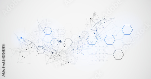 Abstract scientific vector background. Light gray gradient of hexagons of different shapes with plexus effect.