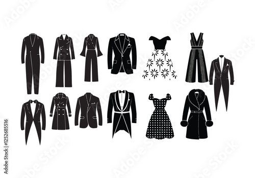 An illustration of different wardrobe designs in silhouette form, arranged symmetrically with a central dividing line. Each wardrobe features a distinct style, crafted in a bold, clean, 