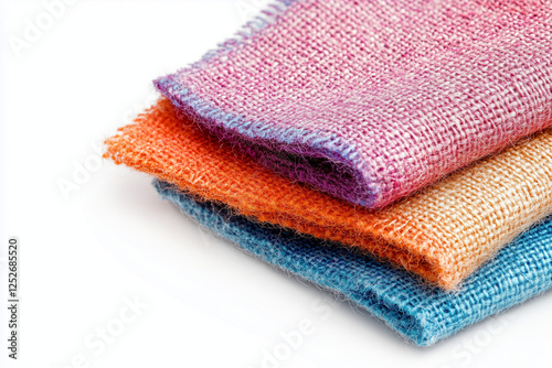 Cloth Fabric in many colors isolated on white background, Selective focus fold sack cloth on white background, Close up shot textile cloth.