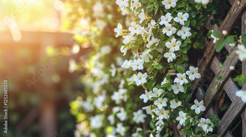 A jasmine plant climbing a garden trellis in bloom
