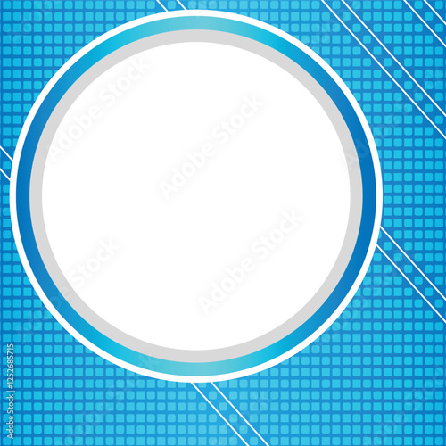 A blue and white circle with a white border. The circle is the main focus of the image