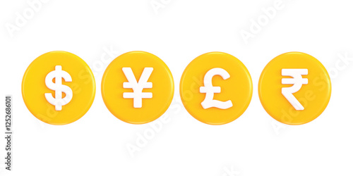 Golden coin icon 3d render concept of golden rupee, dollar, pound and yuan currency symbol coin icon vector illustration