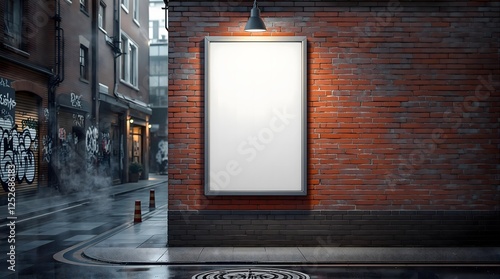 Blank Billboard on Red Brick Wall - Warm Light Illumination, Urban Alleyway - Ideal for Mockups Branding and Digital Advertisements