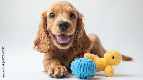 Adorable puppy playing with toy in studio english cocker spaniel joyful atmosphere close-up view for pet lovers photo