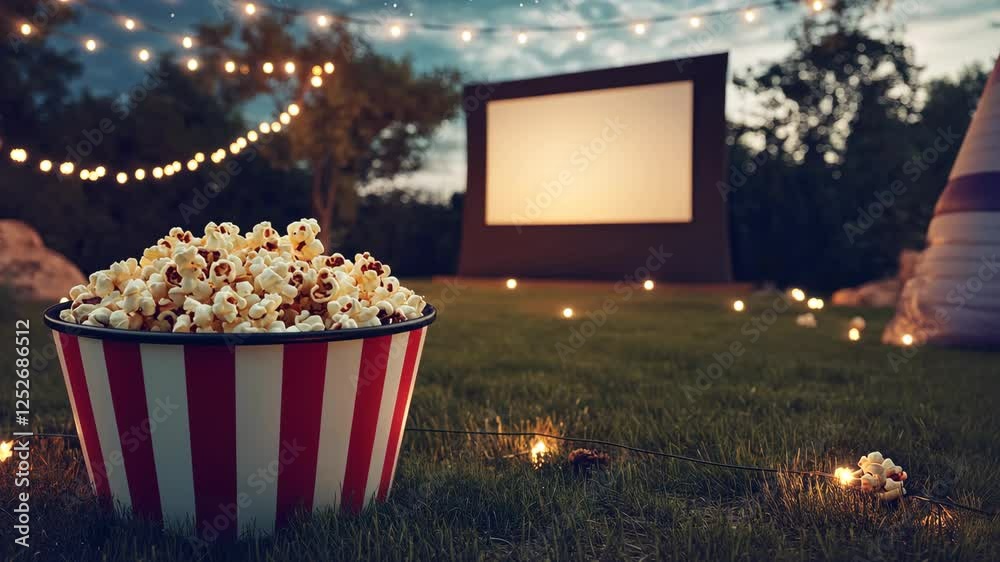 A red and white striped popcorn bowl on an outdoor movie night, surrounded by string lights in the backyard with the big screen visible in the background. 