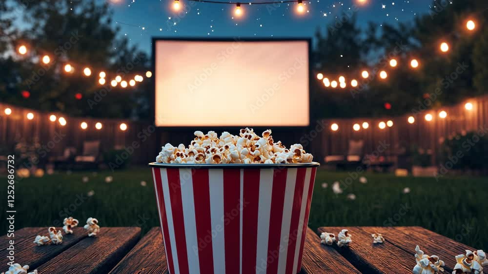 A red and white striped popcorn bowl on an outdoor movie night, surrounded by string lights in the backyard with the big screen visible in the background. 