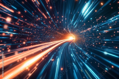 Light streaks and cosmic energy in a vibrant glowing tunnel at night