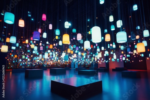 Colorful illuminated installation art displayed in a modern gallery space