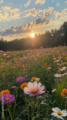 Colorful wildflower field at sunset with vibrant blooms and a picturesque sky