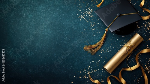 Elegant graduation invitation background with mortarboard and scroll.