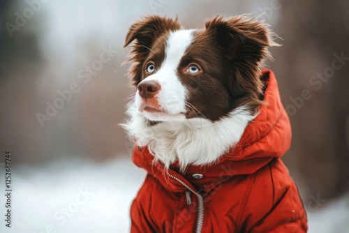 Dog in red jacket enjoying winter day in snowy environment with trees in back...