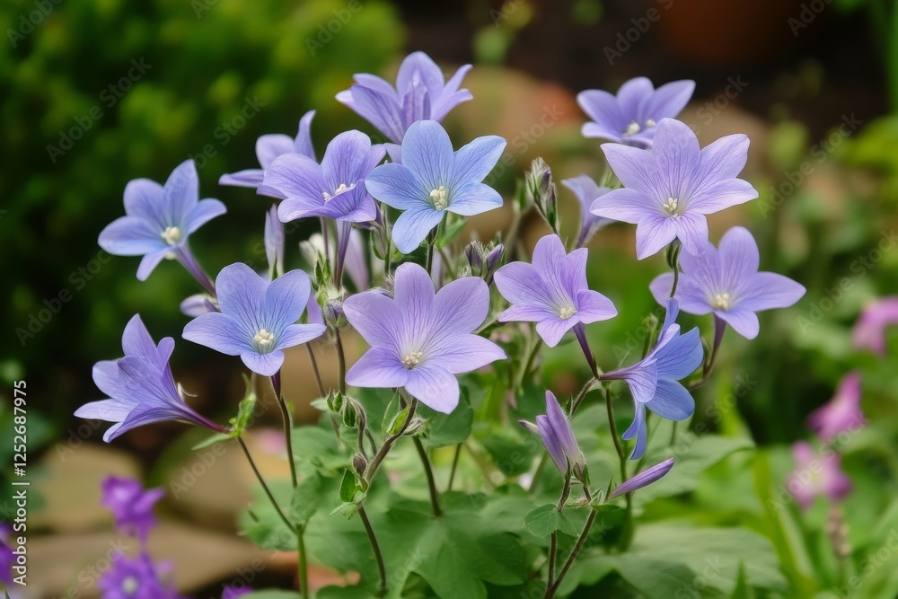 Beautiful cluster of star-shaped purple flowers blooming in garden during spring morning Beautiful cluster of star-shaped purple flowers blooming in garden during spring morning