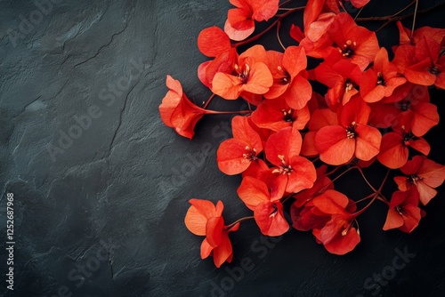 Blossoming red flowers arranged beautifully on a dark surface in a vibrant di...