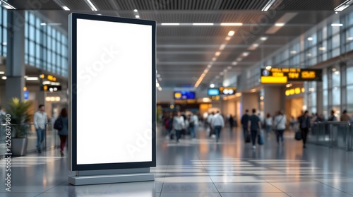 Blank Billboard in Modern Airport Terminal - Large White Display with High Ceiling - Ideal for Mockups Branding and Digital Advertisements