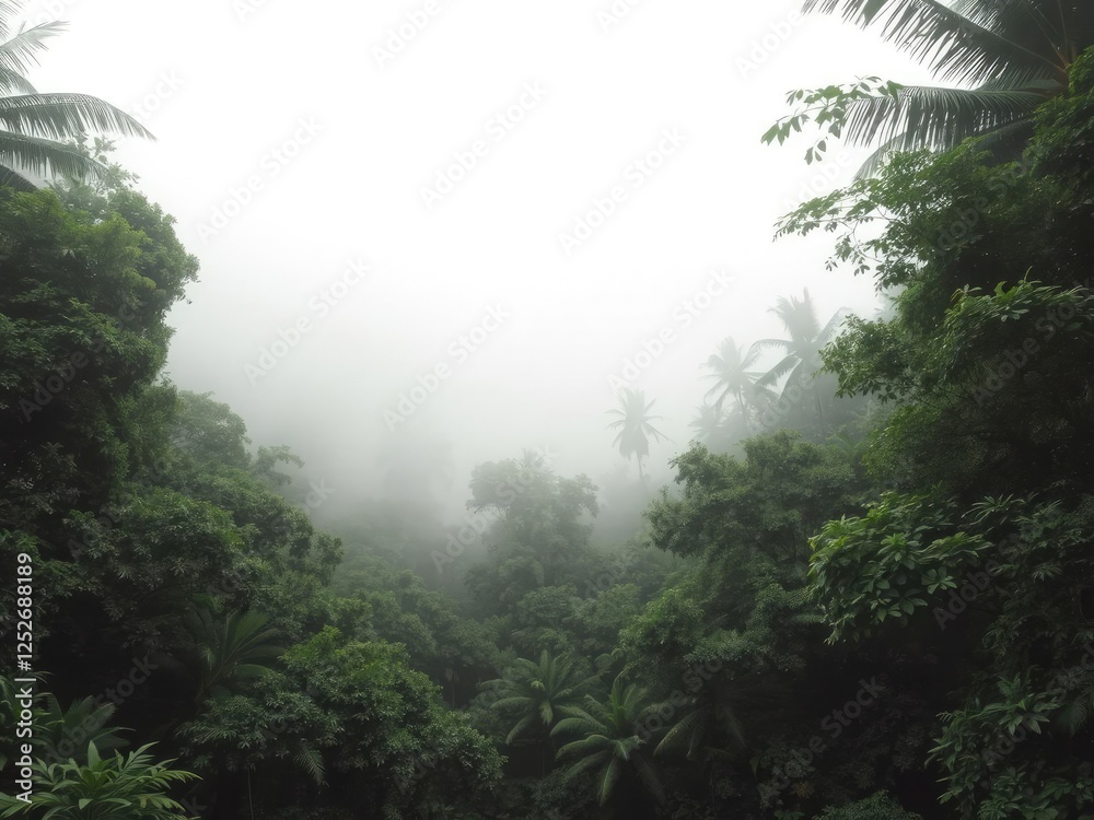 Lush tropical forest blanketed in fog during the early morning, lush, exotic, green Lush tropical forest blanketed in fog during the early morning, lush, exotic, green
