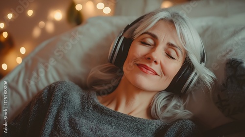 Silver-haired woman enjoying music with eyes closed in a cozy indoor setting during evening hours