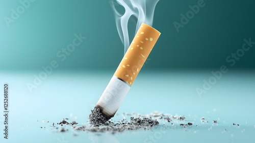 Close-up of a smoldering cigarette resting on a surface with ash scattered around in a minimalistic setting