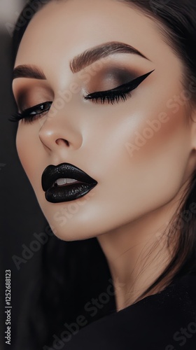 Stunning close-up of a woman with bold makeup showcasing dark lips and dramat...